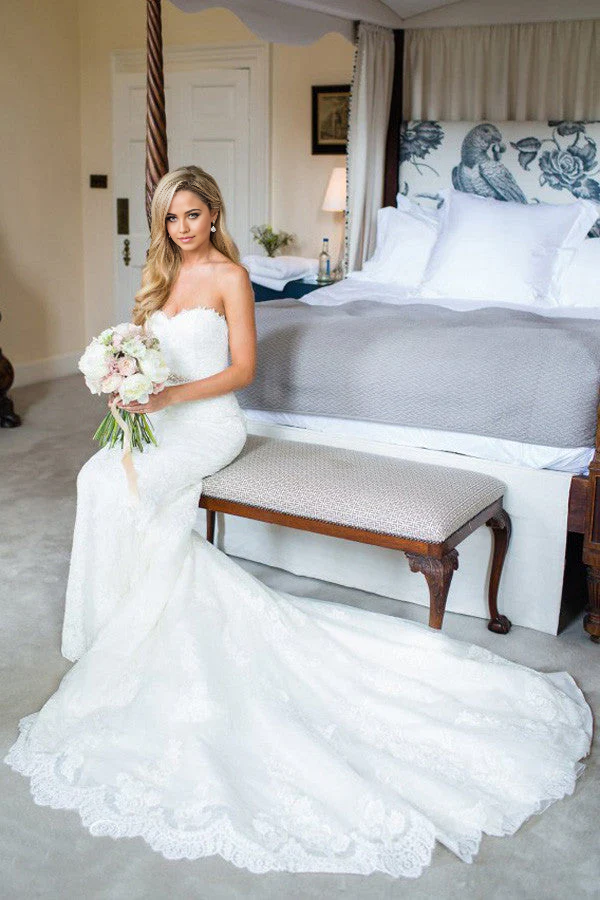Vestidos de novia de sirena sin tirantes, escote corazón, cola larga, apliques, espalda baja